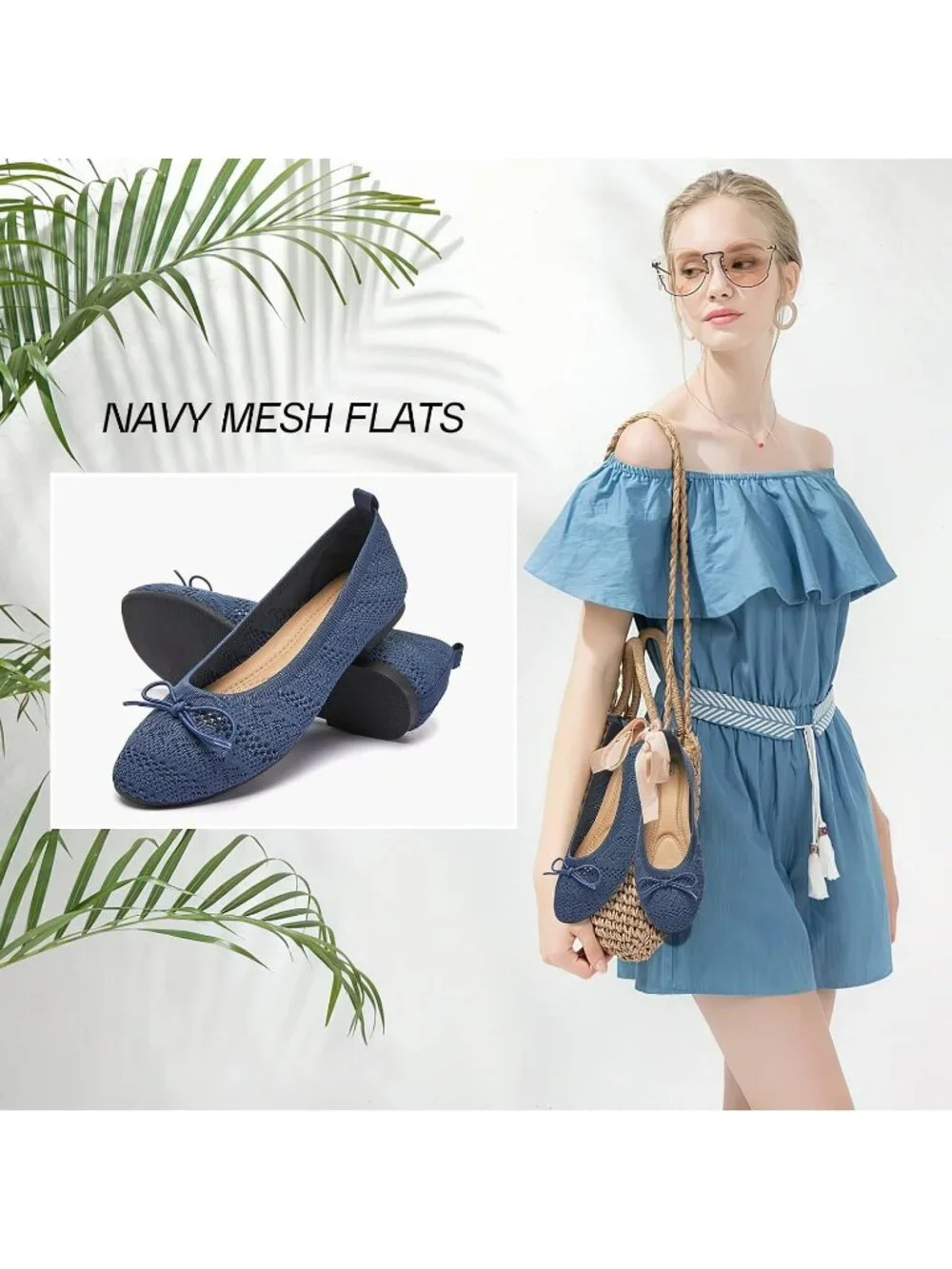 Women's Navy Crochet Lace Round Toe Solid Comfortable Low Heel Ballet Flats